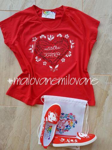 červené tričko folk učiteľka (biela potlač/ručná maľba) € 16